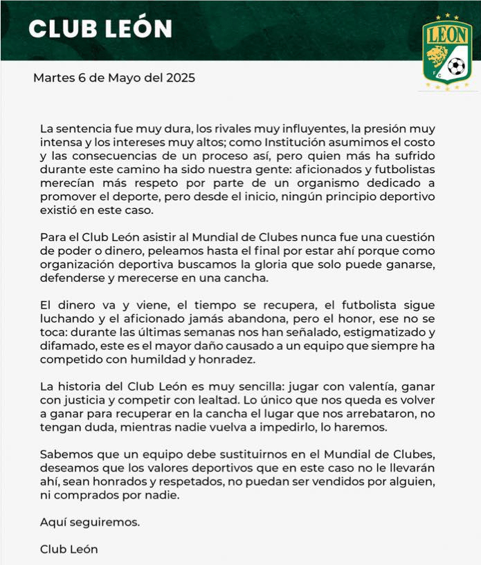 Oficial: el Club León queda fuera del Mundial de Clubes y lanza un duro comunicado.
