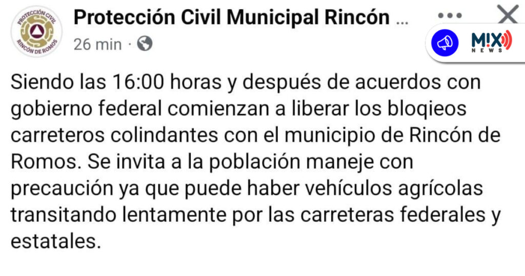 Tras acuerdos, levantan bloqueos carreteros en Rincón de Romos