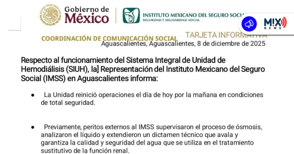 IMSS Aguascalientes reabre Unidad de Hemodiálisis tras validar seguridad del servicio