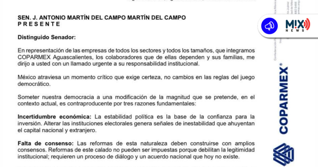 Coparmex Aguascalientes exige frenar reforma electoral por riesgo económico